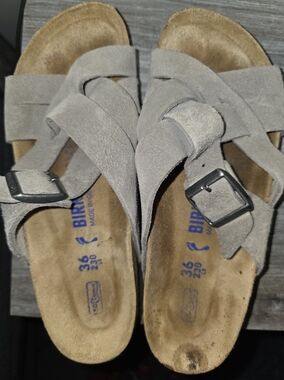 Birkenstock Women’s Lugano Gray Suede Crisscross Buckle Sandals